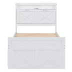 Whisen Twin Wooden Bed, Extendable Bed Frame with Twin Size Trundle, Storage Headboard, Three Drawers