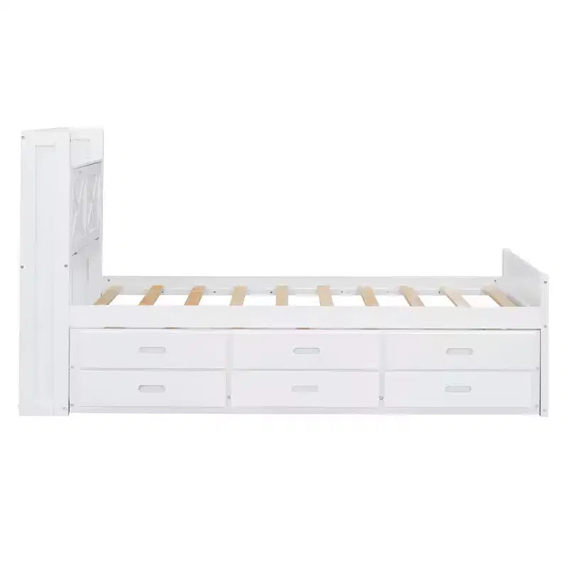 Whisen Twin Wooden Bed, Extendable Bed Frame with Twin Size Trundle, Storage Headboard, Three Drawers