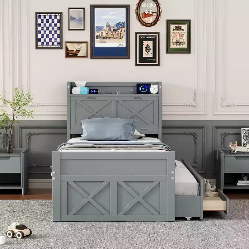Whisen Twin Wooden Bed, Extendable Bed Frame with Twin Size Trundle, Storage Headboard, Three Drawers