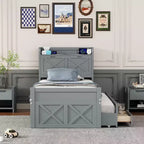 Whisen Twin Wooden Bed, Extendable Bed Frame with Twin Size Trundle, Storage Headboard, Three Drawers