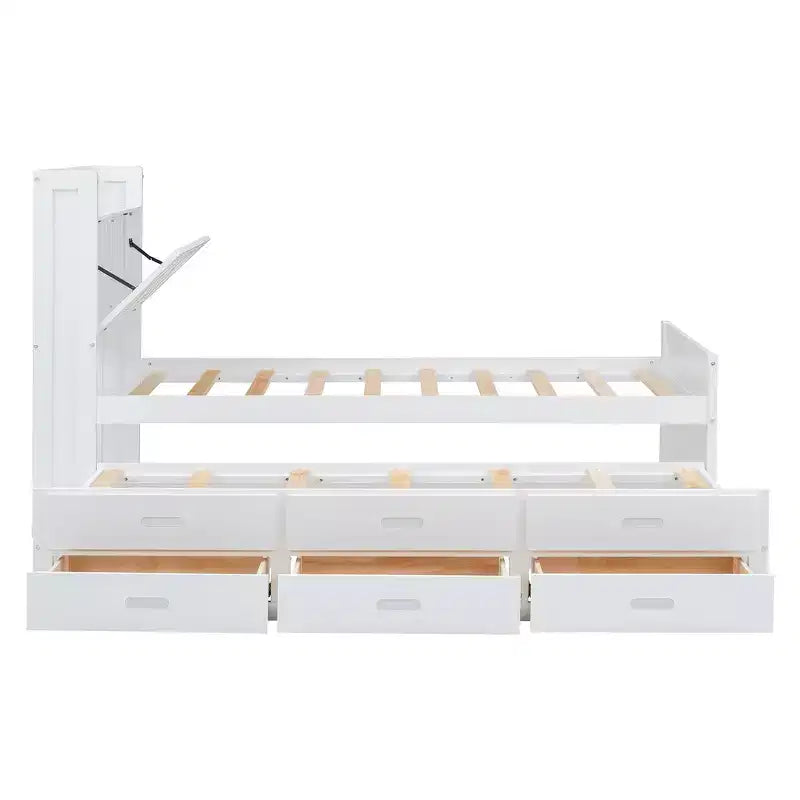 Whisen Twin Wooden Bed, Extendable Bed Frame with Twin Size Trundle, Storage Headboard, Three Drawers