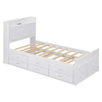 Whisen Twin Wooden Bed, Extendable Bed Frame with Twin Size Trundle, Storage Headboard, Three Drawers