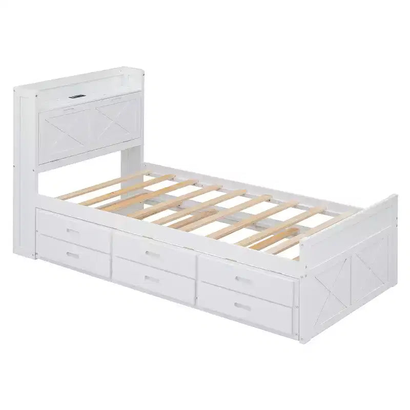 Whisen Twin Wooden Bed, Extendable Bed Frame with Twin Size Trundle, Storage Headboard, Three Drawers