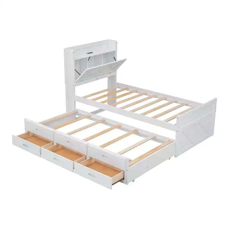 Whisen Twin Wooden Bed, Extendable Bed Frame with Twin Size Trundle, Storage Headboard, Three Drawers
