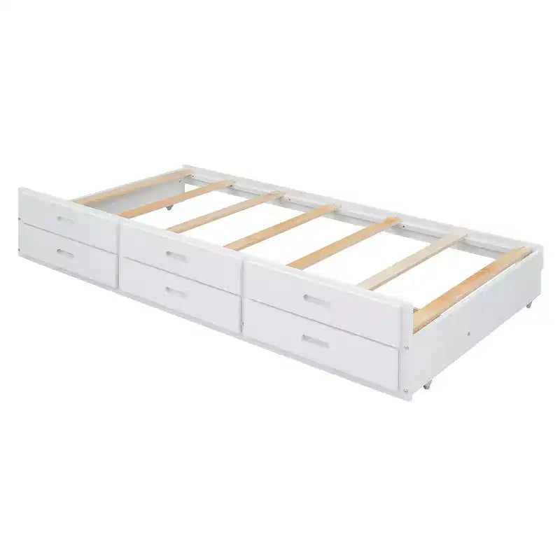 Whisen Twin Wooden Bed, Extendable Bed Frame with Twin Size Trundle, Storage Headboard, Three Drawers