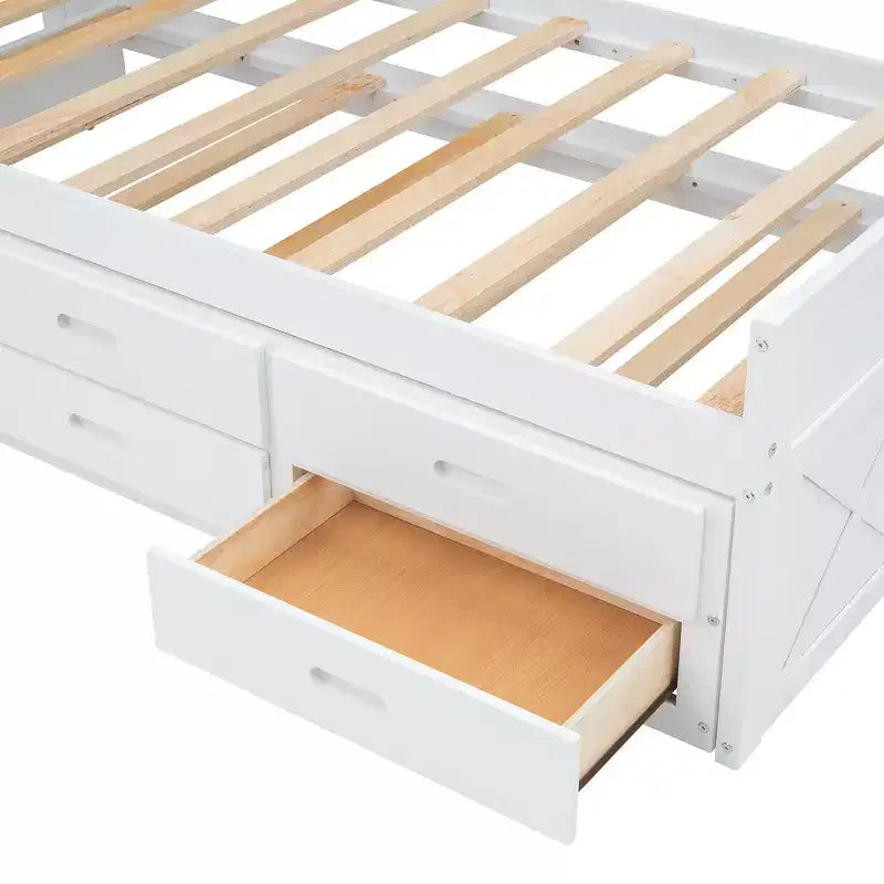Whisen Twin Wooden Bed, Extendable Bed Frame with Twin Size Trundle, Storage Headboard, Three Drawers