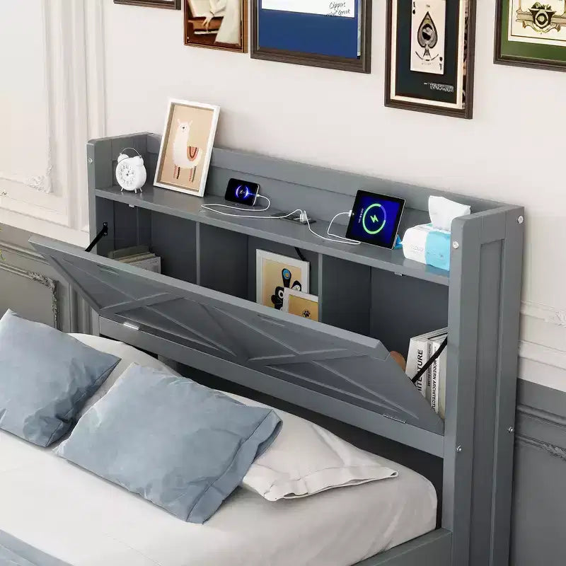 Whisen Twin Wooden Bed, Extendable Bed Frame with Twin Size Trundle, Storage Headboard, Three Drawers