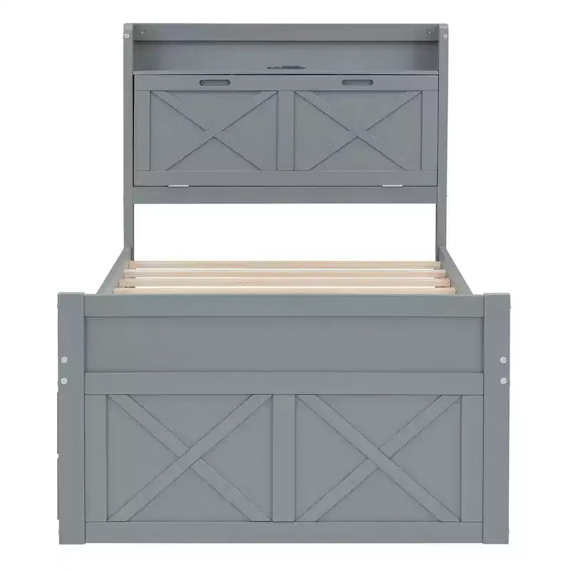 Whisen Twin Wooden Bed, Extendable Bed Frame with Twin Size Trundle, Storage Headboard, Three Drawers