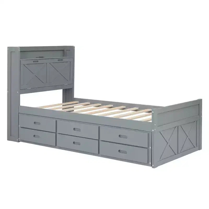 Whisen Twin Wooden Bed, Extendable Bed Frame with Twin Size Trundle, Storage Headboard, Three Drawers