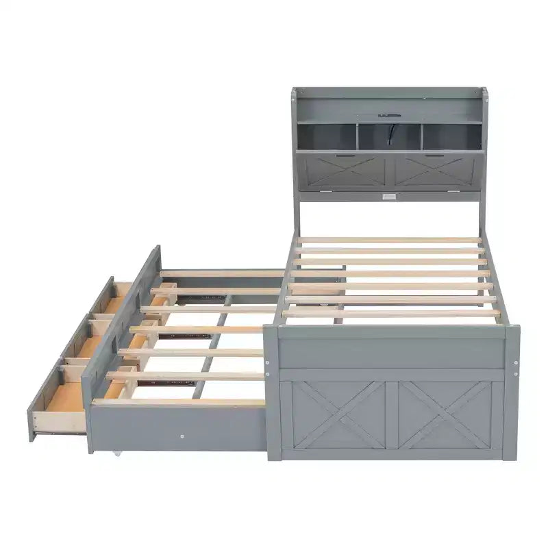 Whisen Twin Wooden Bed, Extendable Bed Frame with Twin Size Trundle, Storage Headboard, Three Drawers