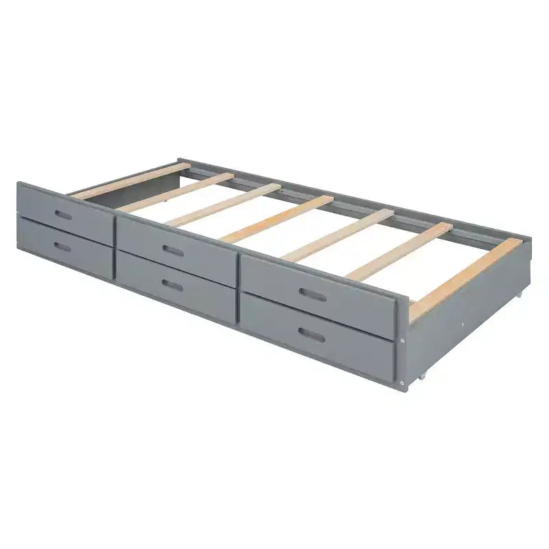 Whisen Twin Wooden Bed, Extendable Bed Frame with Twin Size Trundle, Storage Headboard, Three Drawers