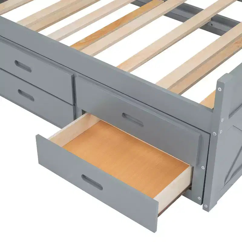 Whisen Twin Wooden Bed, Extendable Bed Frame with Twin Size Trundle, Storage Headboard, Three Drawers