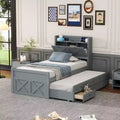 Whisen Twin Wooden Bed, Extendable Bed Frame with Twin Size Trundle, Storage Headboard, Three Drawers