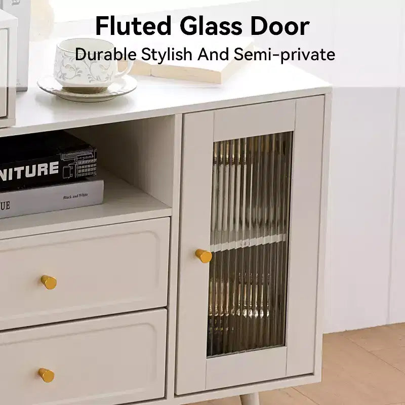 GDFStudio Ramon 4-Drawer Vanity Set with Stool, Dimmable Mirror, Power Outlet and Adjustable Side Cabinet