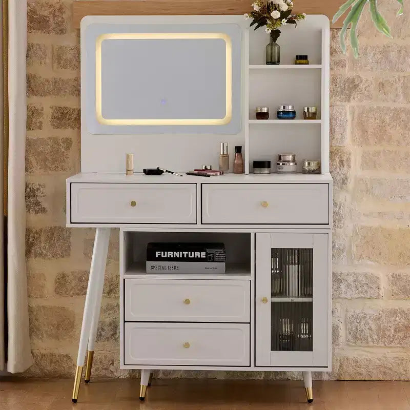 GDFStudio Ramon 4-Drawer Vanity Set with Stool, Dimmable Mirror, Power Outlet and Adjustable Side Cabinet