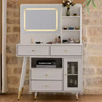 GDFStudio Ramon 4-Drawer Vanity Set with Stool, Dimmable Mirror, Power Outlet and Adjustable Side Cabinet