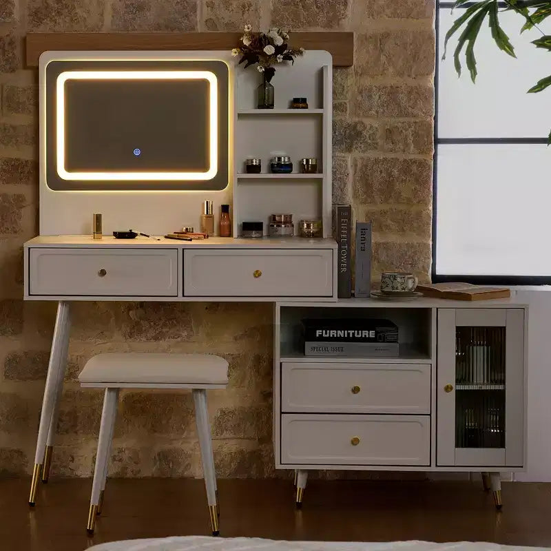 GDFStudio Ramon 4-Drawer Vanity Set with Stool, Dimmable Mirror, Power Outlet and Adjustable Side Cabinet