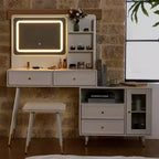GDFStudio Ramon 4-Drawer Vanity Set with Stool, Dimmable Mirror, Power Outlet and Adjustable Side Cabinet