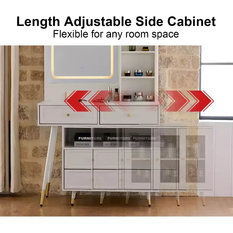 GDFStudio Ramon 4-Drawer Vanity Set with Stool, Dimmable Mirror, Power Outlet and Adjustable Side Cabinet