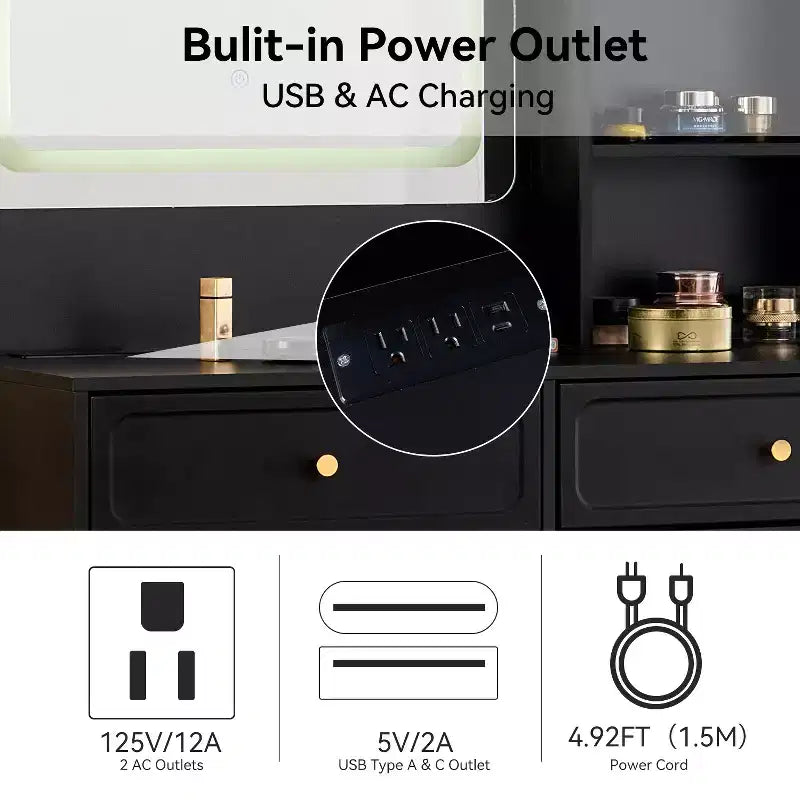 GDFStudio Ramon 4-Drawer Vanity Set with Stool, Dimmable Mirror, Power Outlet and Adjustable Side Cabinet