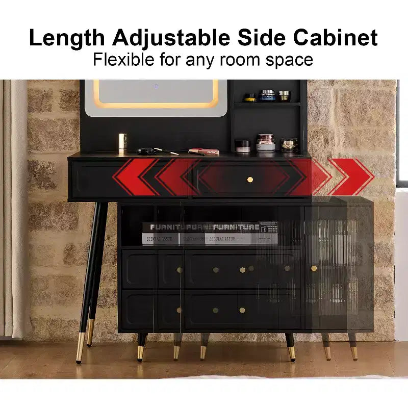 GDFStudio Ramon 4-Drawer Vanity Set with Stool, Dimmable Mirror, Power Outlet and Adjustable Side Cabinet