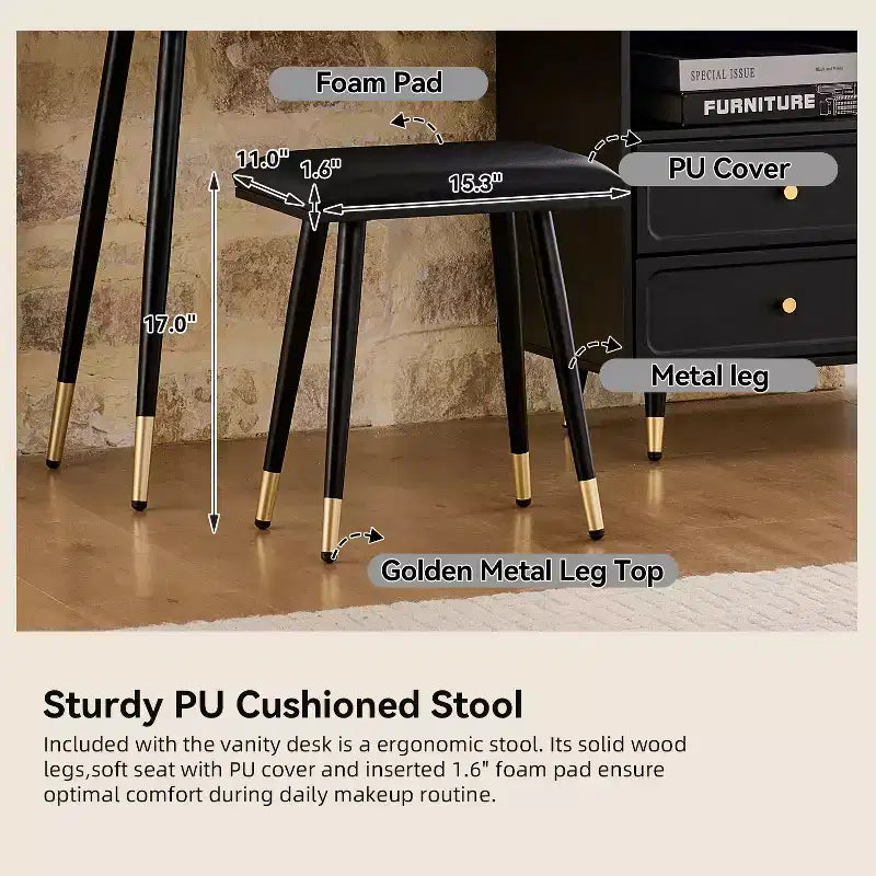 GDFStudio Ramon 4-Drawer Vanity Set with Stool, Dimmable Mirror, Power Outlet and Adjustable Side Cabinet