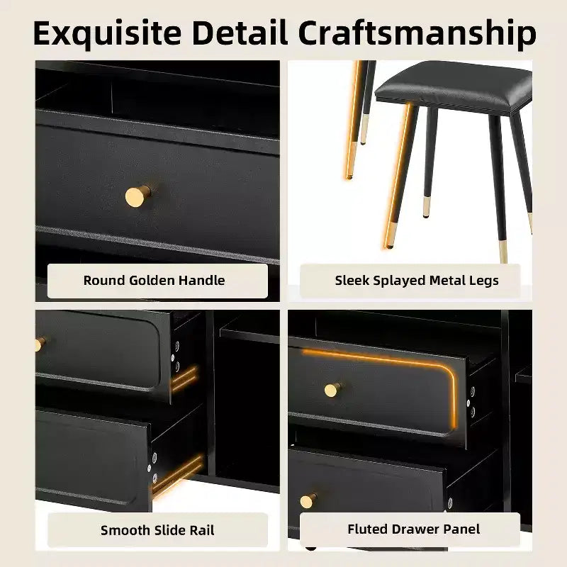 GDFStudio Ramon 4-Drawer Vanity Set with Stool, Dimmable Mirror, Power Outlet and Adjustable Side Cabinet