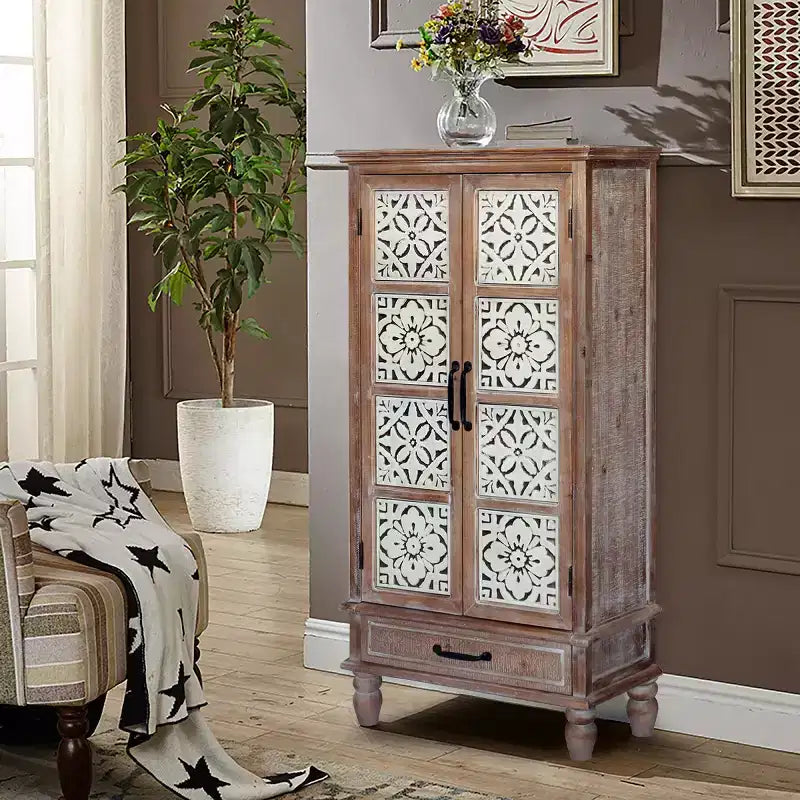55 Vintage Farmhouse Highboard Cabinet, Tall Engineered Wood Storage Pantry with Floral Tile Pattern & Drawer - Panipeachy