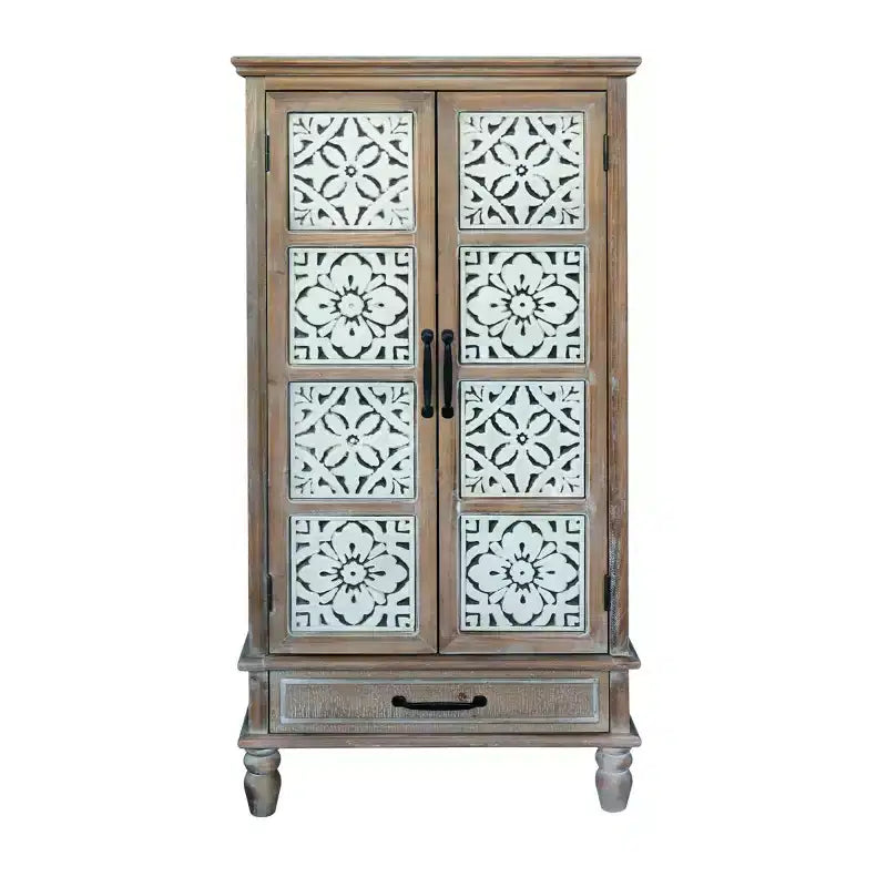 55 Vintage Farmhouse Highboard Cabinet, Tall Engineered Wood Storage Pantry with Floral Tile Pattern & Drawer - Panipeachy
