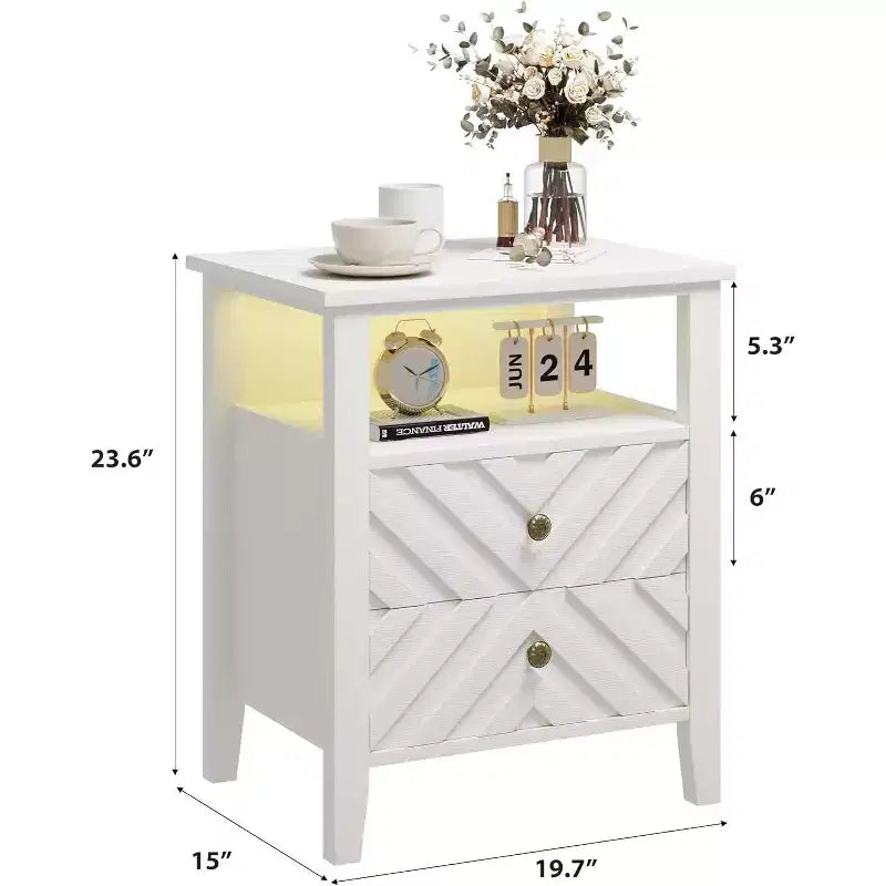 Nightstand with 2 Storage Drawers, Farmhouse Bedside Table with Open Shelf and Sturdy Wooden Legs, Rustic Side Table for Bedroom