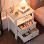 Nightstand with 2 Storage Drawers, Farmhouse Bedside Table with Open Shelf and Sturdy Wooden Legs, Rustic Side Table for Bedroom