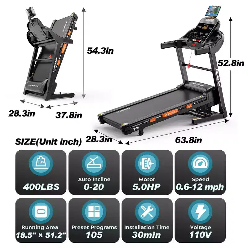 Foldable Treadmill w/ 20% Incline, 12MPH Fast Speed Treadmill w/105 Programs for Home Running Walking, 400LBS Treadmill APP Connected, Wider Belt