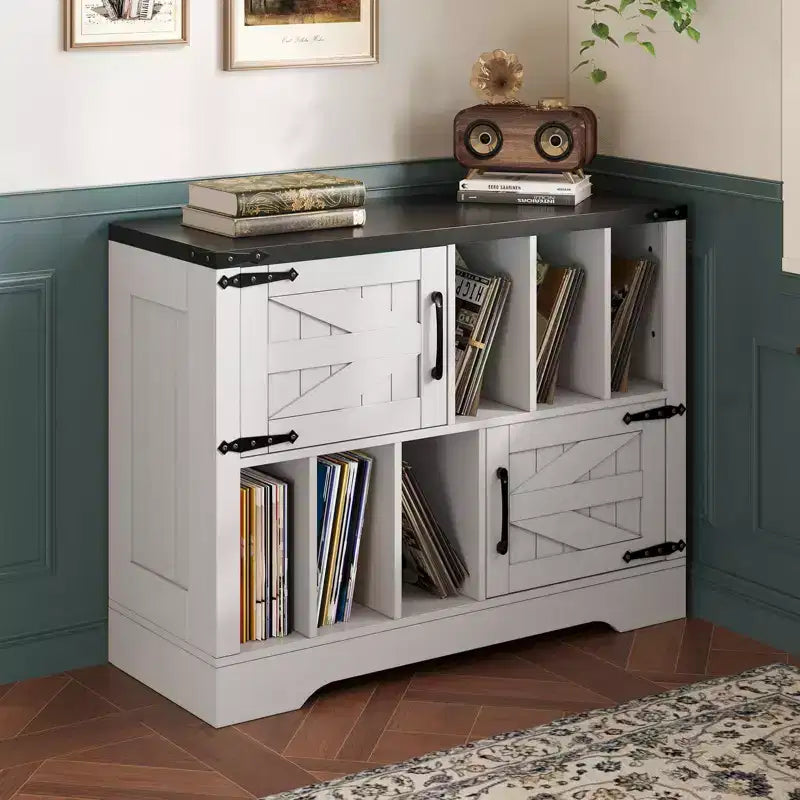 39Record Player Stand, Large Farmhouse Wood Vinyl Storage Cabinet Holds Up to 450 Albums with Barn Doors, Record Player Table for Living Room Bedroom