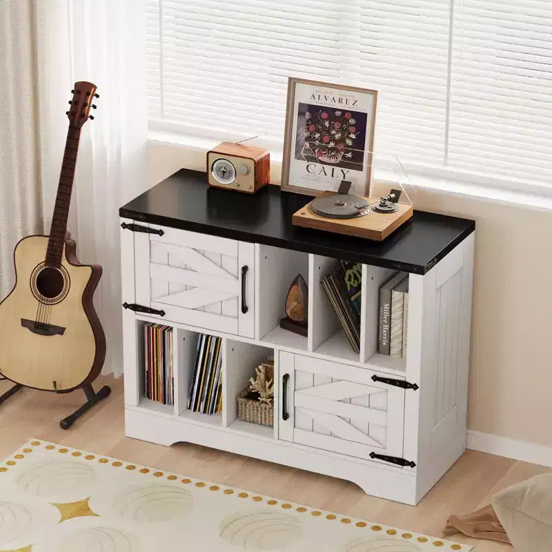 39Record Player Stand, Large Farmhouse Wood Vinyl Storage Cabinet Holds Up to 450 Albums with Barn Doors, Record Player Table for Living Room Bedroom