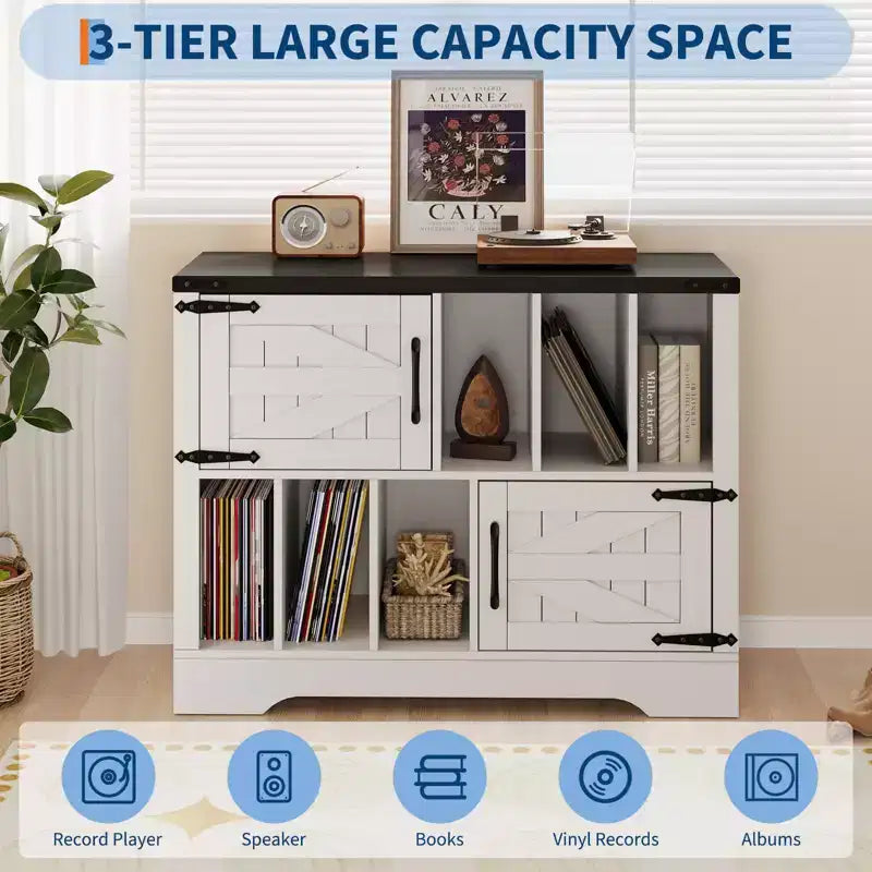 39Record Player Stand, Large Farmhouse Wood Vinyl Storage Cabinet Holds Up to 450 Albums with Barn Doors, Record Player Table for Living Room Bedroom