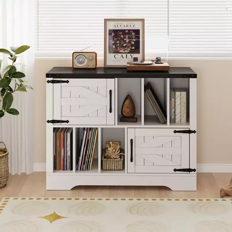 39Record Player Stand, Large Farmhouse Wood Vinyl Storage Cabinet Holds Up to 450 Albums with Barn Doors, Record Player Table for Living Room Bedroom