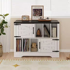39Record Player Stand, Large Farmhouse Wood Vinyl Storage Cabinet Holds Up to 450 Albums with Barn Doors, Record Player Table for Living Room Bedroom