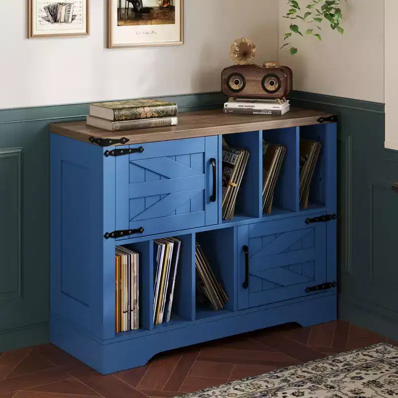 39Record Player Stand, Large Farmhouse Wood Vinyl Storage Cabinet Holds Up to 450 Albums with Barn Doors, Record Player Table for Living Room Bedroom