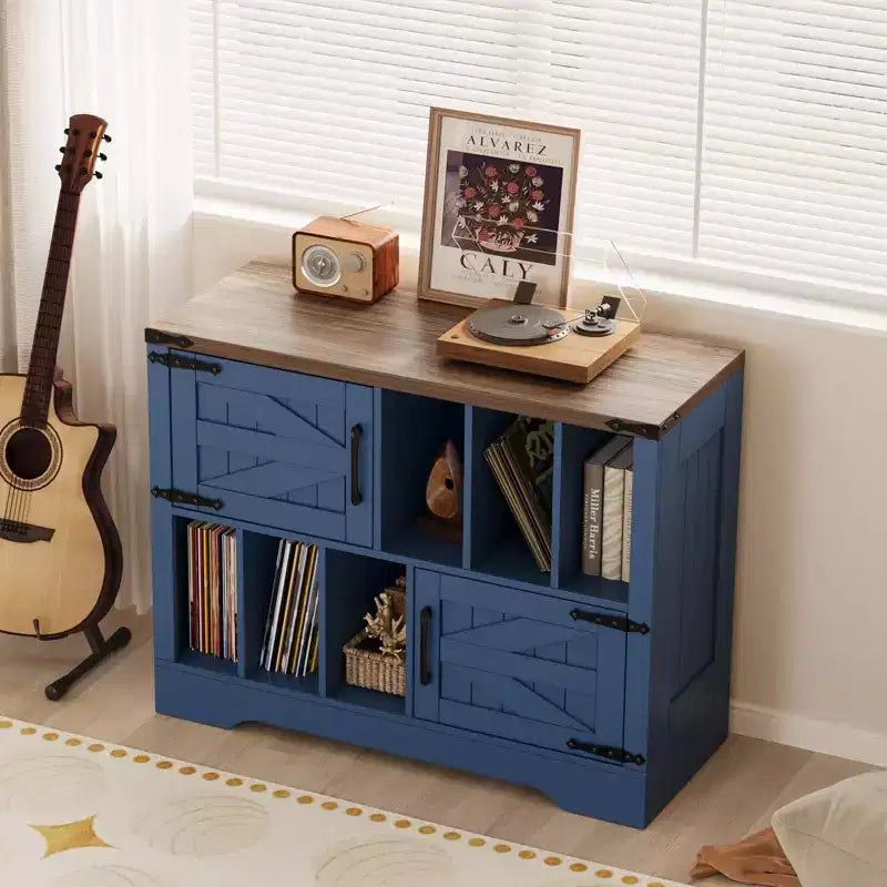 39Record Player Stand, Large Farmhouse Wood Vinyl Storage Cabinet Holds Up to 450 Albums with Barn Doors, Record Player Table for Living Room Bedroom