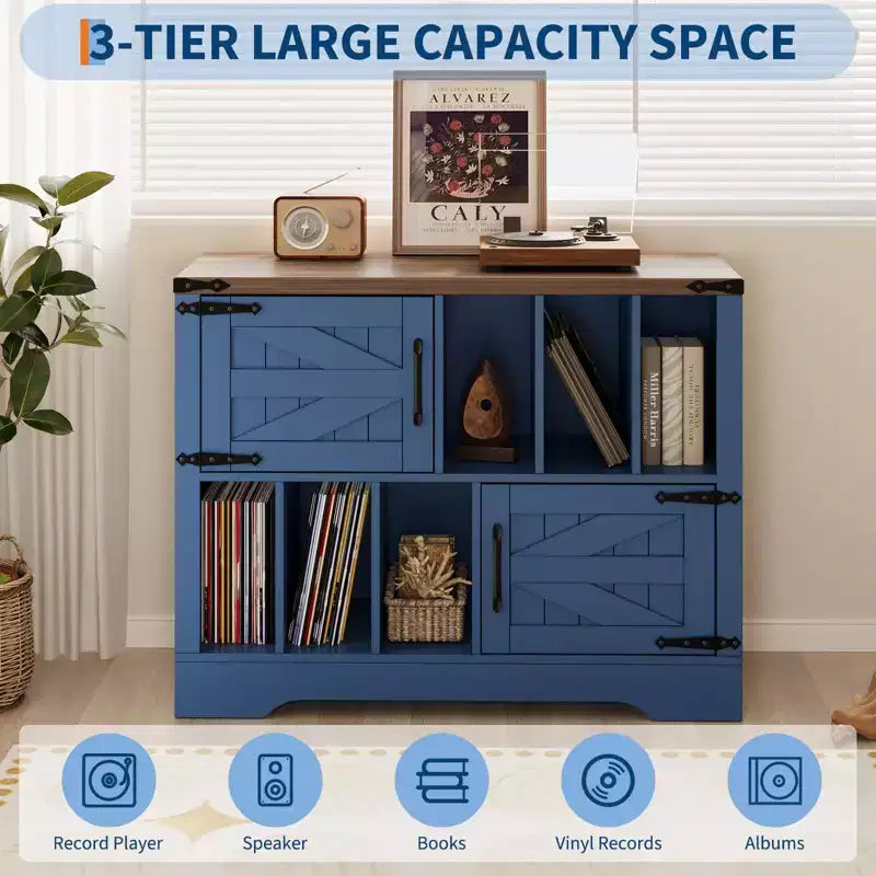 39Record Player Stand, Large Farmhouse Wood Vinyl Storage Cabinet Holds Up to 450 Albums with Barn Doors, Record Player Table for Living Room Bedroom