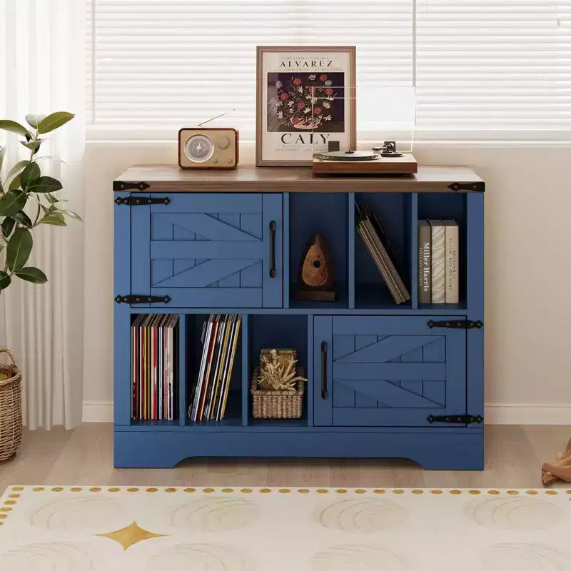 39Record Player Stand, Large Farmhouse Wood Vinyl Storage Cabinet Holds Up to 450 Albums with Barn Doors, Record Player Table for Living Room Bedroom