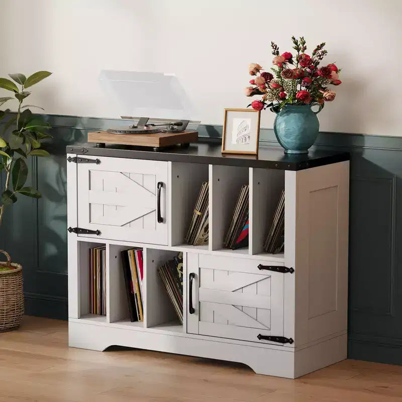 39Record Player Stand, Large Farmhouse Wood Vinyl Storage Cabinet Holds Up to 450 Albums with Barn Doors, Record Player Table for Living Room Bedroom