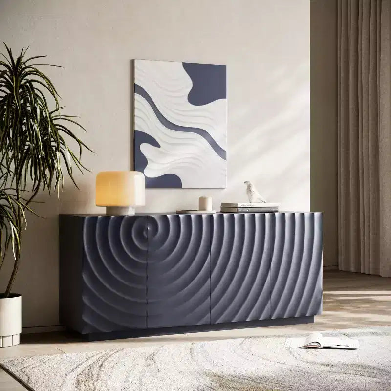 59 Modern Spiral Sideboard Buffet Cabinet, Low Profile Art Entryway Storage Cabinet with 3D Ripple Texture Doors - Panipeachy