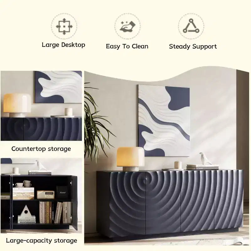 59 Modern Spiral Sideboard Buffet Cabinet, Low Profile Art Entryway Storage Cabinet with 3D Ripple Texture Doors - Panipeachy