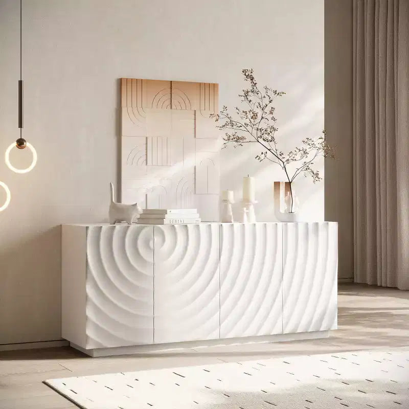 59 Modern Spiral Sideboard Buffet Cabinet, Low Profile Art Entryway Storage Cabinet with 3D Ripple Texture Doors - Panipeachy
