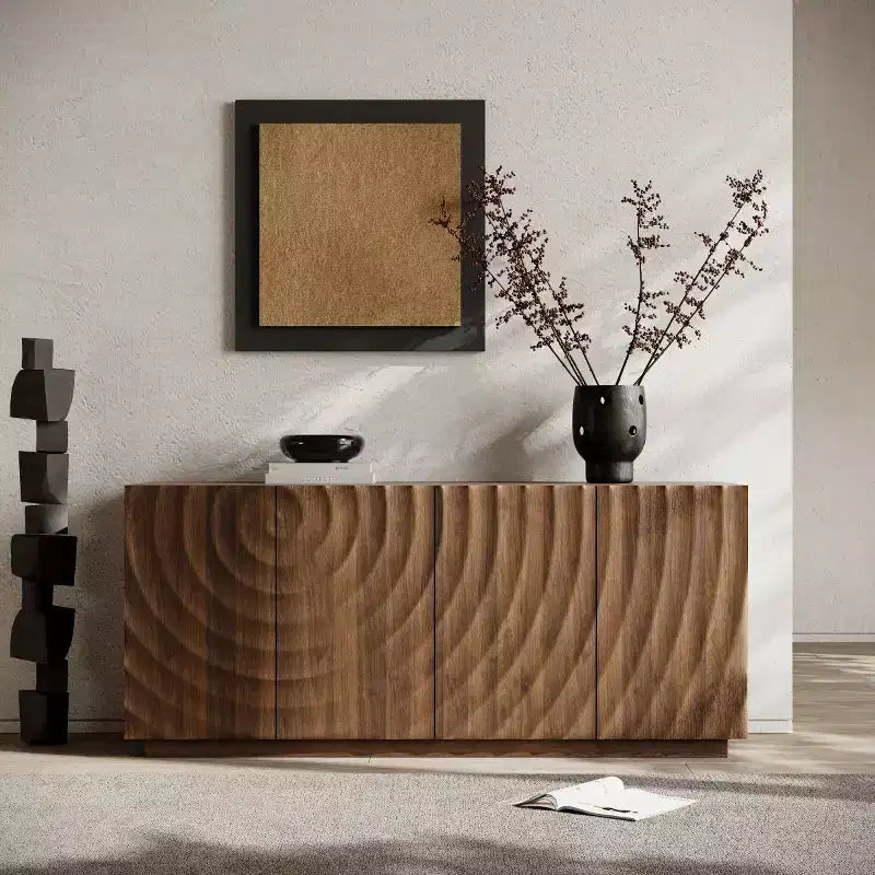 59 Modern Spiral Sideboard Buffet Cabinet, Low Profile Art Entryway Storage Cabinet with 3D Ripple Texture Doors - Panipeachy