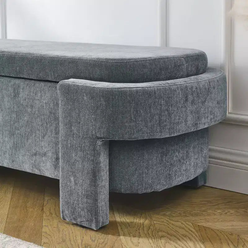 Okak Oval Storage Ottoman with Large Storage Space, Storage Bench with Decorative Wooden Legs and Linen Cushions, Entryway Bench