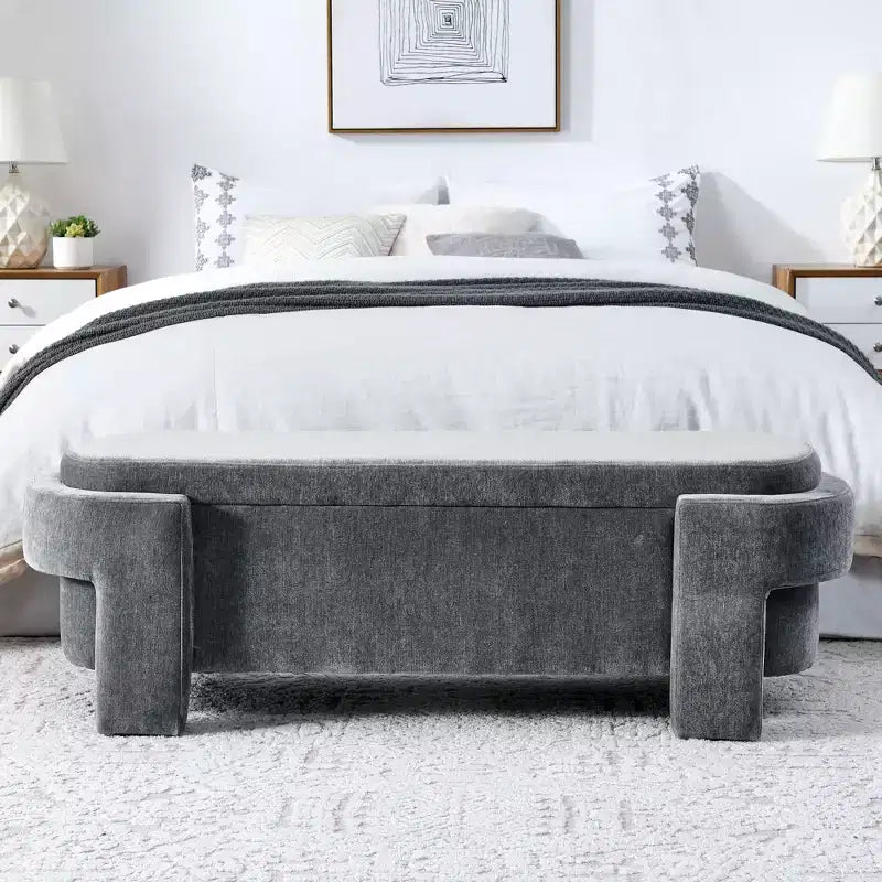 Okak Oval Storage Ottoman with Large Storage Space, Storage Bench with Decorative Wooden Legs and Linen Cushions, Entryway Bench