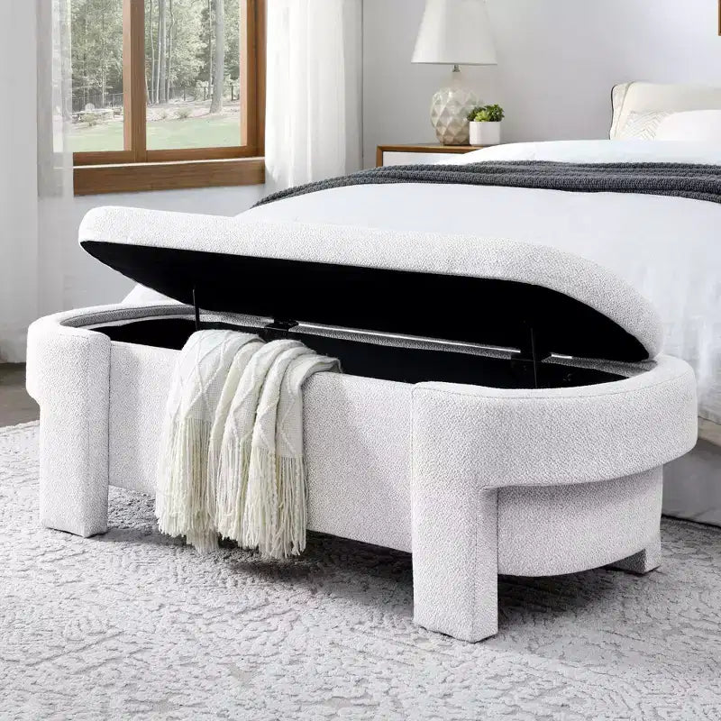 Okak Oval Storage Ottoman with Large Storage Space, Storage Bench with Decorative Wooden Legs and Linen Cushions, Entryway Bench