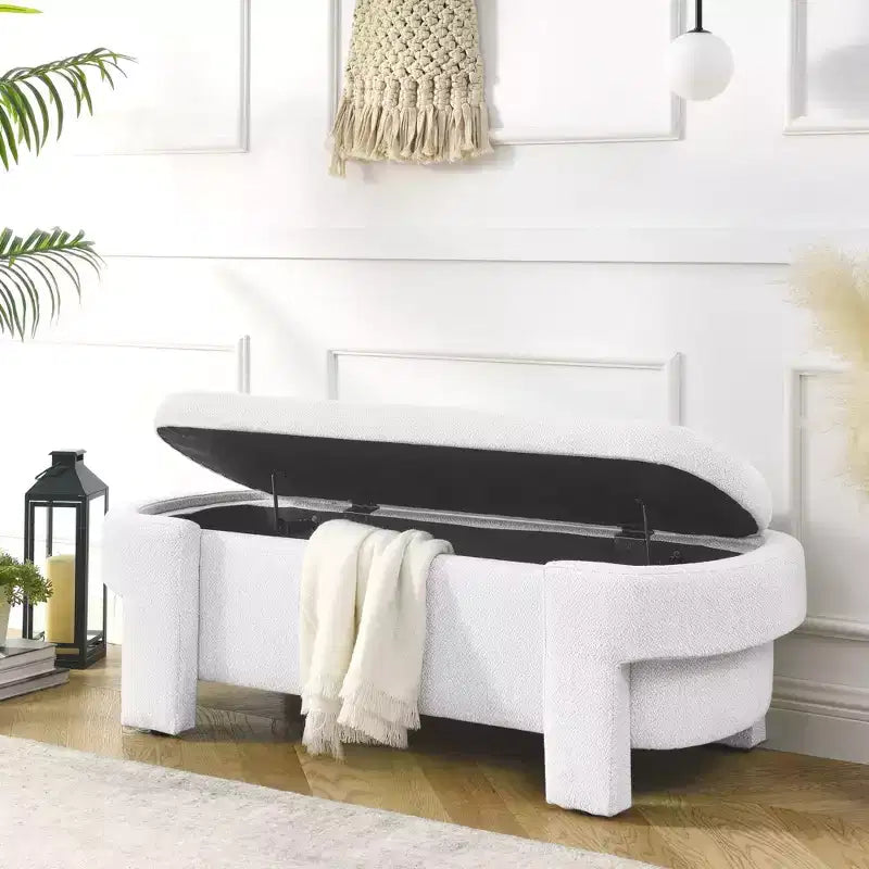 Okak Oval Storage Ottoman with Large Storage Space, Storage Bench with Decorative Wooden Legs and Linen Cushions, Entryway Bench